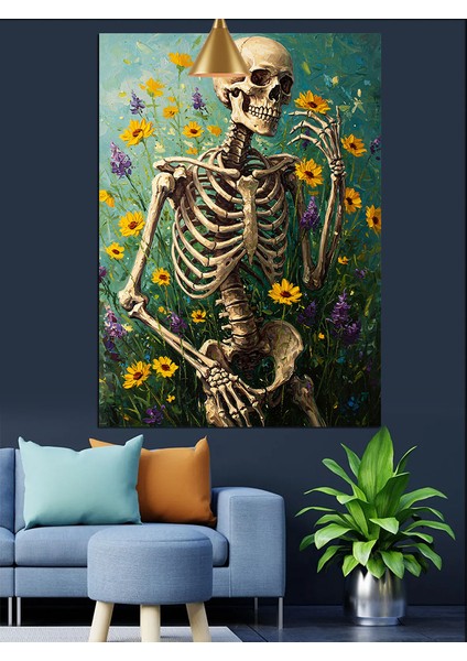 Sarı Çiçekler Içindeki Iskelet Figür Dekoratif Kanvas - Mdf Ahşap Tablo fiyatları