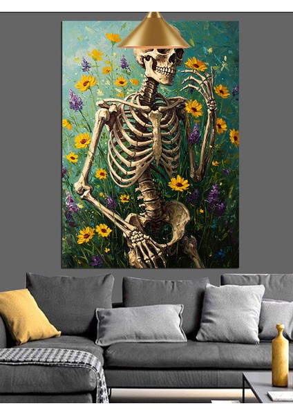 Sarı Çiçekler Içindeki Iskelet Figür Dekoratif Kanvas - Mdf Ahşap Tablo fırsatları