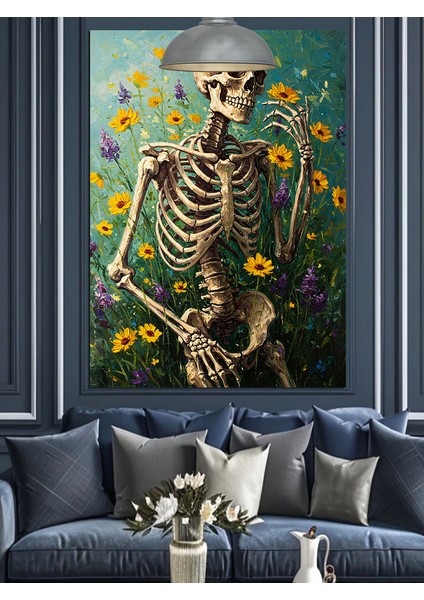 Sarı Çiçekler Içindeki Iskelet Figür Dekoratif Kanvas - Mdf Ahşap Tablo indirimleri