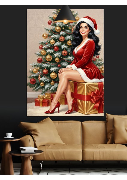 Noel Anne ve Yılbaşı Ağacı Dekoratif Kanvas - Mdf Ahşap Tablo