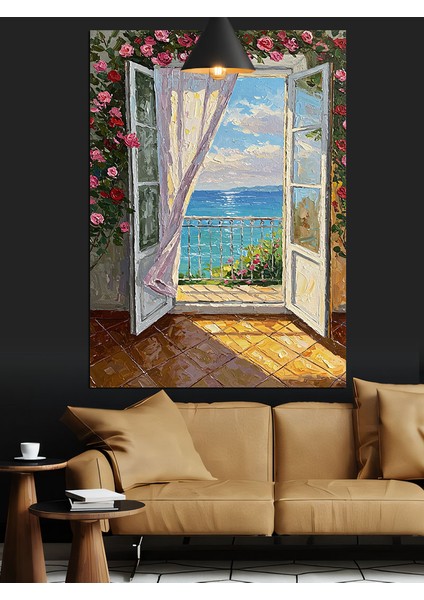 Pencere Deniz Manzarası Çiçek Dekoratif Kanvas - Mdf Ahşap Tablo