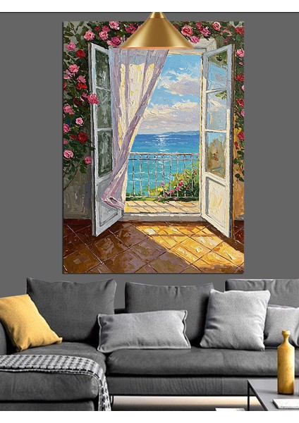 Pencere Deniz Manzarası Çiçek Dekoratif Kanvas - Mdf Ahşap Tablo fiyatları