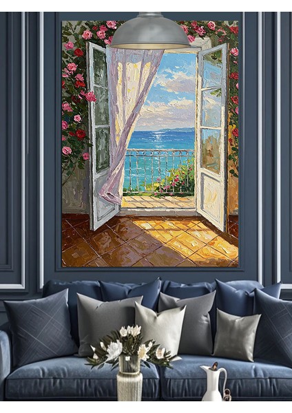 Pencere Deniz Manzarası Çiçek Dekoratif Kanvas - Mdf Ahşap Tablo modelleri