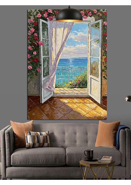 Pencere Deniz Manzarası Çiçek Dekoratif Kanvas - Mdf Ahşap Tablo fırsatları