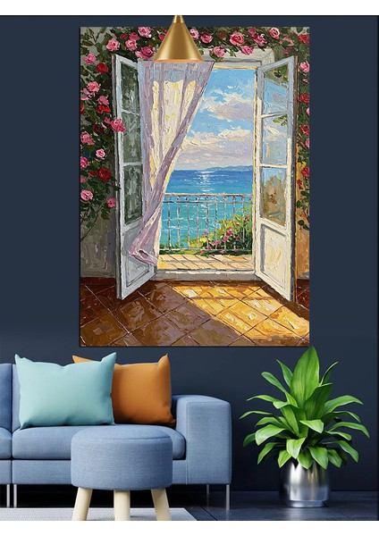 Pencere Deniz Manzarası Çiçek Dekoratif Kanvas - Mdf Ahşap Tablo indirimleri