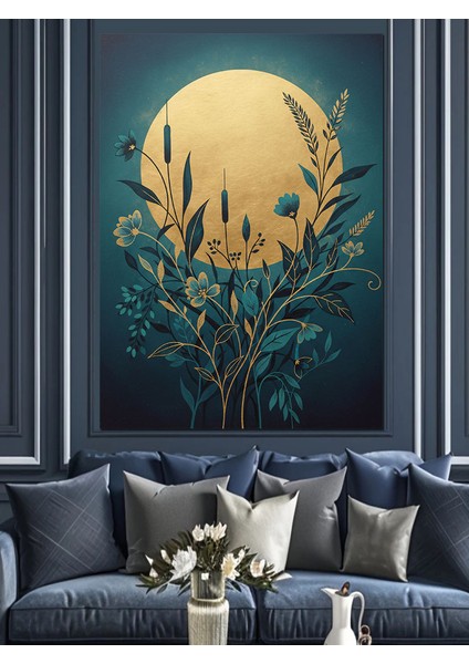 Akşam Karanlığı Ay ve Çiçek Dekoratif Kanvas - Mdf Ahşap Tablo