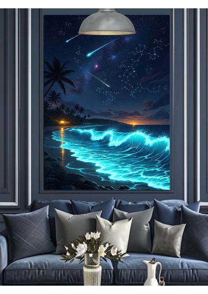 Gece Deniz Dalgalar Gökyüzü Kayan Yıldızlar Dekoratif Kanvas - Mdf Ahşap Tablo modelleri
