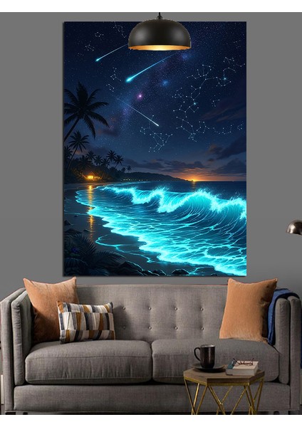 Gece Deniz Dalgalar Gökyüzü Kayan Yıldızlar Dekoratif Kanvas - Mdf Ahşap Tablo fırsatları