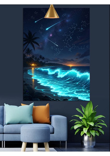 Gece Deniz Dalgalar Gökyüzü Kayan Yıldızlar Dekoratif Kanvas - Mdf Ahşap Tablo indirimleri