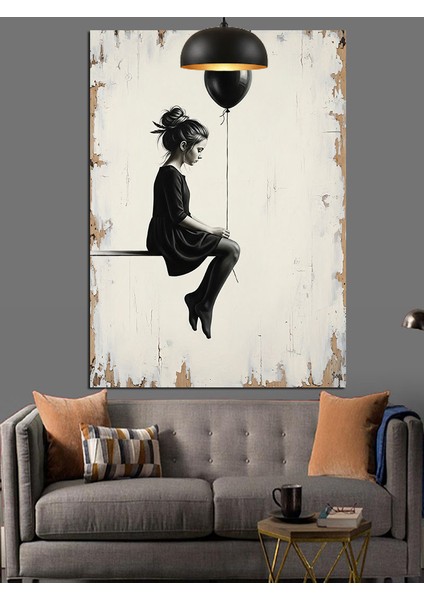 Balon Tutan Kız Gökyüzü Siyah Beyaz Dekoratif Kanvas - Mdf Ahşap Tablo
