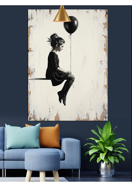 Balon Tutan Kız Gökyüzü Siyah Beyaz Dekoratif Kanvas - Mdf Ahşap Tablo fiyatları