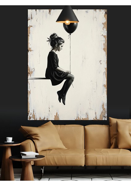 Balon Tutan Kız Gökyüzü Siyah Beyaz Dekoratif Kanvas - Mdf Ahşap Tablo modelleri