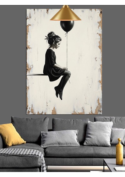 Balon Tutan Kız Gökyüzü Siyah Beyaz Dekoratif Kanvas - Mdf Ahşap Tablo fırsatları