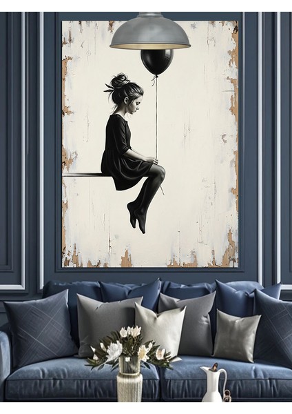 Balon Tutan Kız Gökyüzü Siyah Beyaz Dekoratif Kanvas - Mdf Ahşap Tablo indirimleri
