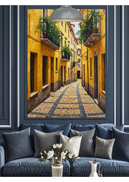 Dar Sokak Sarı Boyalı Taş Evler Dekoratif Kanvas - Mdf Ahşap Tablo fiyatları