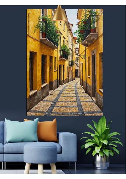Dar Sokak Sarı Boyalı Taş Evler Dekoratif Kanvas - Mdf Ahşap Tablo fırsatları