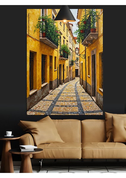 Dar Sokak Sarı Boyalı Taş Evler Dekoratif Kanvas - Mdf Ahşap Tablo indirimleri