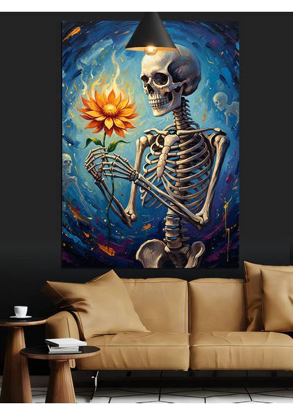 Iskelet Turuncu Çiçek Sanatsal Düzenleme Dekoratif Kanvas - Mdf Ahşap Tablo