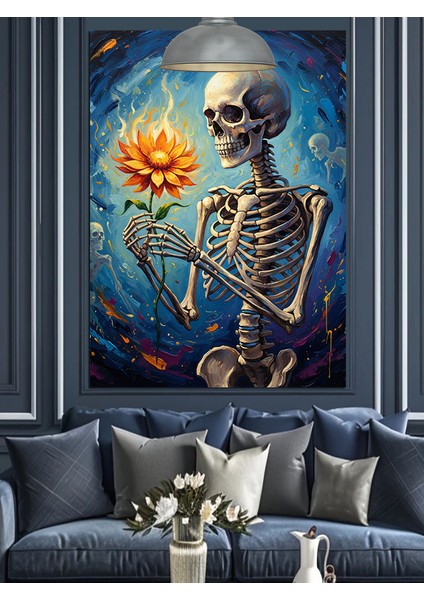Iskelet Turuncu Çiçek Sanatsal Düzenleme Dekoratif Kanvas - Mdf Ahşap Tablo modelleri
