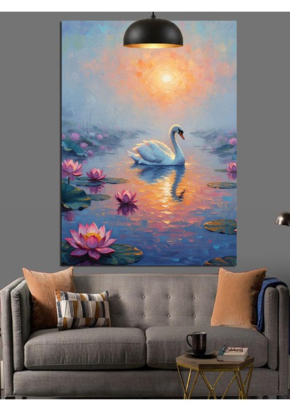 Gölde Yüzen Kuğu ve Lotus Çiçekleri Dekoratif Kanvas - Mdf Ahşap Tablo