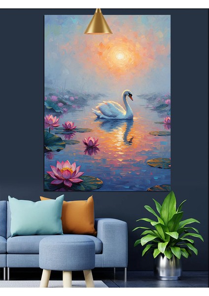 Gölde Yüzen Kuğu ve Lotus Çiçekleri Dekoratif Kanvas - Mdf Ahşap Tablo fiyatları