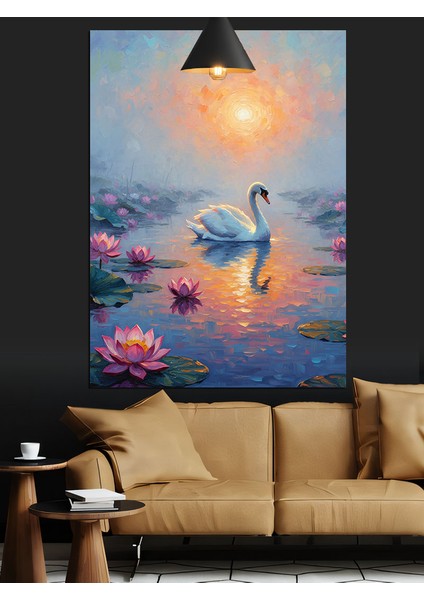 Gölde Yüzen Kuğu ve Lotus Çiçekleri Dekoratif Kanvas - Mdf Ahşap Tablo modelleri