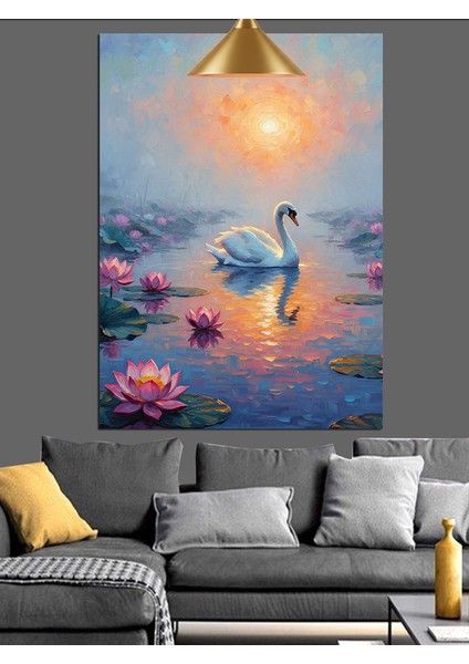 Gölde Yüzen Kuğu ve Lotus Çiçekleri Dekoratif Kanvas - Mdf Ahşap Tablo fırsatları