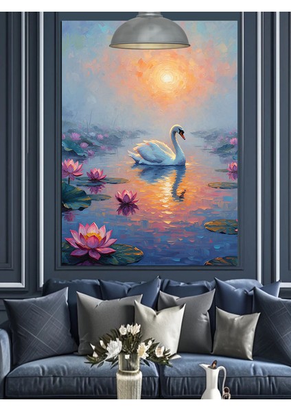 Gölde Yüzen Kuğu ve Lotus Çiçekleri Dekoratif Kanvas - Mdf Ahşap Tablo indirimleri