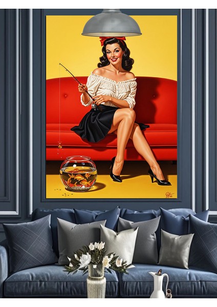 Oltalı Pin-Up Kırmızı Elbiseli Kadın Dekoratif Kanvas - Mdf Ahşap Tablo