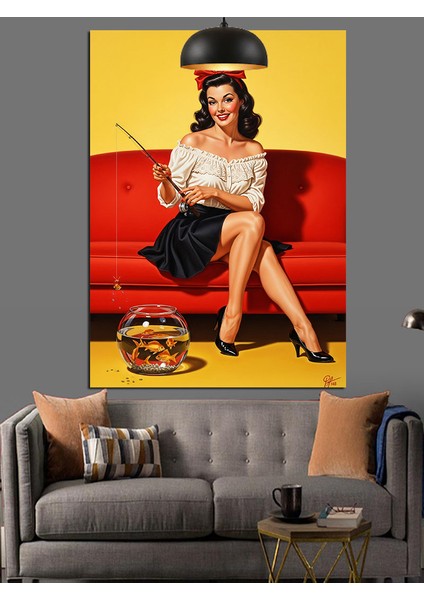 Oltalı Pin-Up Kırmızı Elbiseli Kadın Dekoratif Kanvas - Mdf Ahşap Tablo fiyatları