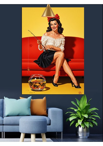 Oltalı Pin-Up Kırmızı Elbiseli Kadın Dekoratif Kanvas - Mdf Ahşap Tablo modelleri