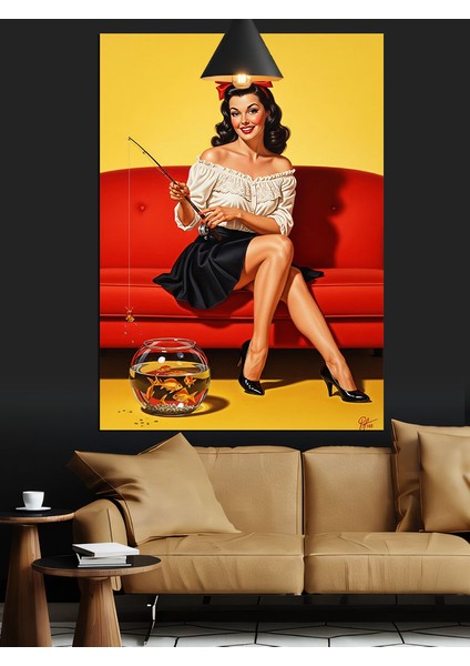 Oltalı Pin-Up Kırmızı Elbiseli Kadın Dekoratif Kanvas - Mdf Ahşap Tablo fırsatları
