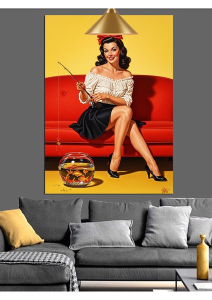 Oltalı Pin-Up Kırmızı Elbiseli Kadın Dekoratif Kanvas - Mdf Ahşap Tablo indirimleri