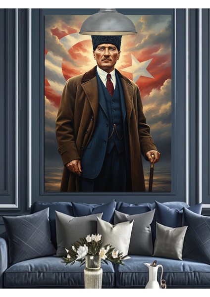 Türk Bayrağı ve Heybetli Atatürk Dekoratif Kanvas - Mdf Ahşap Tablo