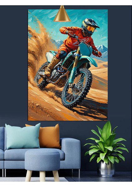 Çölde Motosikletli Adam Hız Tutkusu Dekoratif Kanvas - Mdf Ahşap Tablo