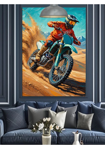 Çölde Motosikletli Adam Hız Tutkusu Dekoratif Kanvas - Mdf Ahşap Tablo fırsatları