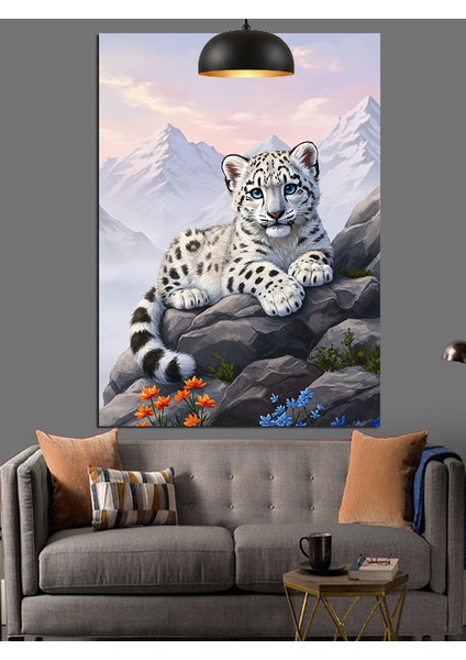 Kayaların Üstünde Kar Leoparı Siyah Beyaz Dekoratif Kanvas - Mdf Ahşap Tablo