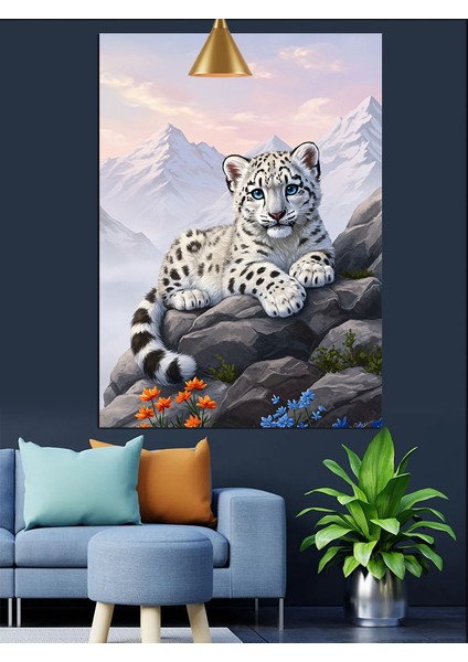 Kayaların Üstünde Kar Leoparı Siyah Beyaz Dekoratif Kanvas - Mdf Ahşap Tablo fiyatları