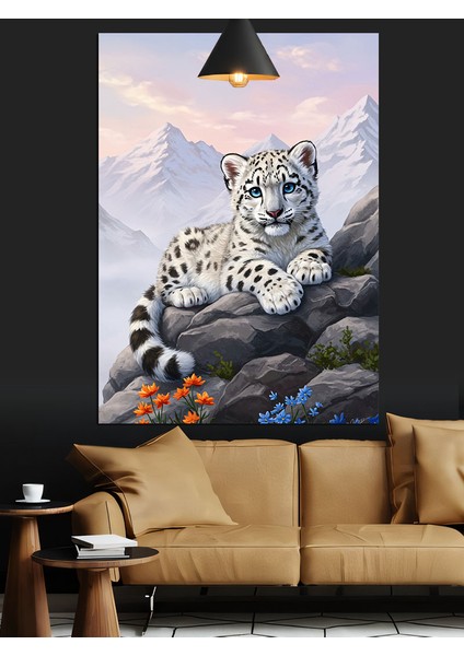 Kayaların Üstünde Kar Leoparı Siyah Beyaz Dekoratif Kanvas - Mdf Ahşap Tablo modelleri