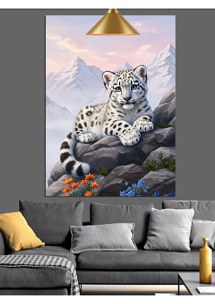 Kayaların Üstünde Kar Leoparı Siyah Beyaz Dekoratif Kanvas - Mdf Ahşap Tablo fırsatları