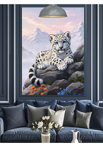 Kayaların Üstünde Kar Leoparı Siyah Beyaz Dekoratif Kanvas - Mdf Ahşap Tablo indirimleri