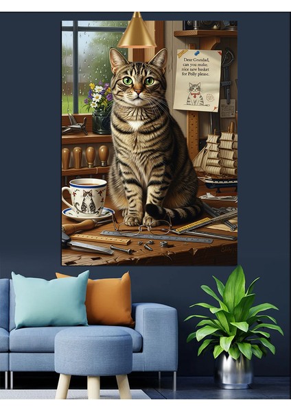 Masa Üstünde Oturan Kedi Dekoratif Kanvas - Mdf Ahşap Tablo