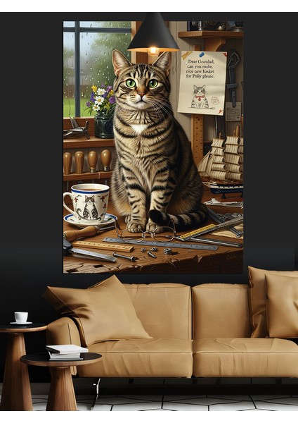 Masa Üstünde Oturan Kedi Dekoratif Kanvas - Mdf Ahşap Tablo fiyatları