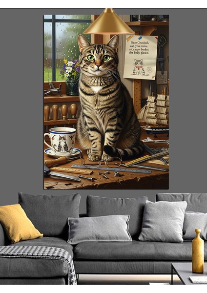 Masa Üstünde Oturan Kedi Dekoratif Kanvas - Mdf Ahşap Tablo modelleri