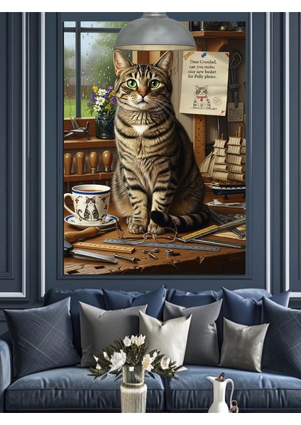 Masa Üstünde Oturan Kedi Dekoratif Kanvas - Mdf Ahşap Tablo fırsatları