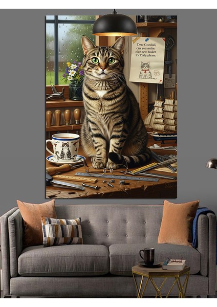 Masa Üstünde Oturan Kedi Dekoratif Kanvas - Mdf Ahşap Tablo indirimleri