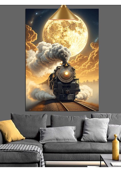 Dolunay ve Dumanlar Içinde Kara Tren Dekoratif Kanvas - Mdf Ahşap Tablo fiyatları