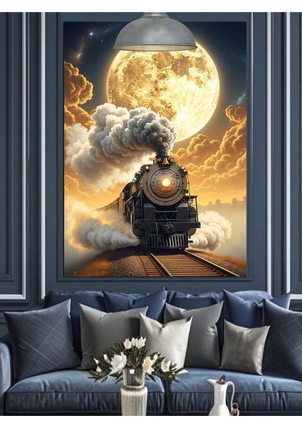 Dolunay ve Dumanlar Içinde Kara Tren Dekoratif Kanvas - Mdf Ahşap Tablo modelleri