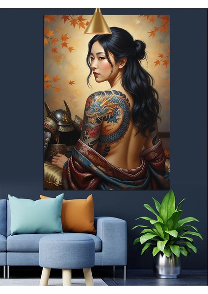 Ejderha Dövmeli Uzakdoğulu Güzel Kadın Dekoratif Kanvas - Mdf Ahşap Tablo