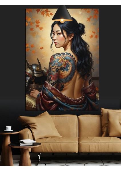 Ejderha Dövmeli Uzakdoğulu Güzel Kadın Dekoratif Kanvas - Mdf Ahşap Tablo fiyatları